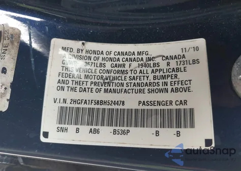 2011 Honda Civic Lx из США, поврежденный, VIN 2HGFA1F58BH524478